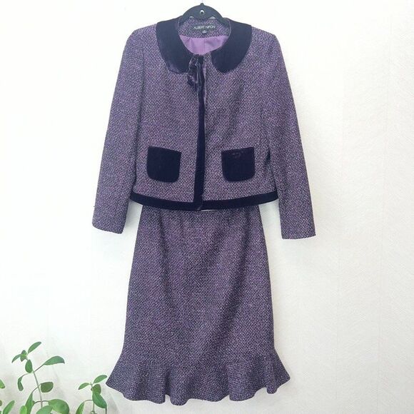 Albert Nipon Pockets Purple Tweed And Velvet 2pc Skirt Suit Set Womens Size 6P - Picture 4 of 16